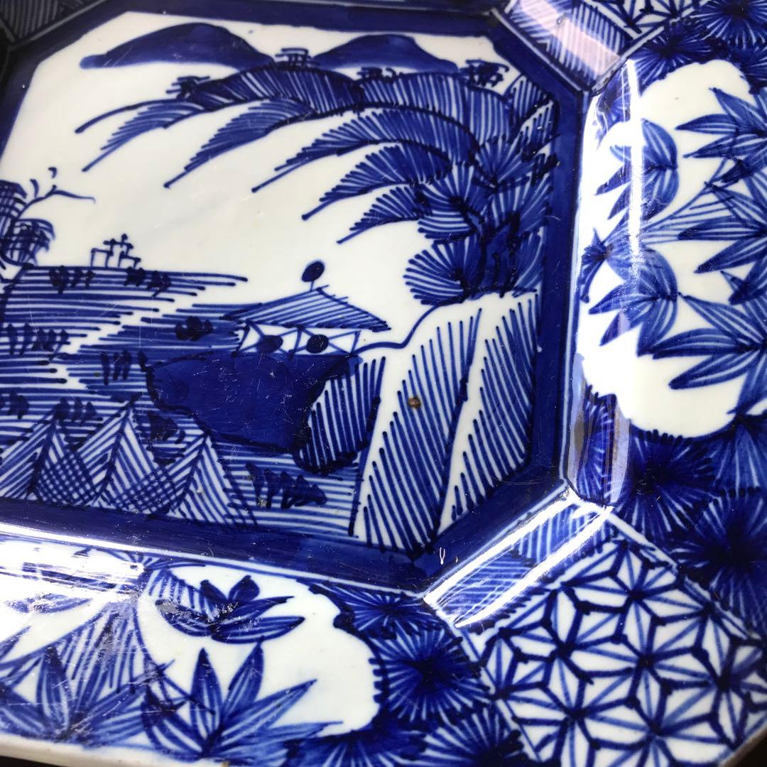 美品　古伊万里　陶器　年代物　盛り皿　角皿　八角絵皿　線画　山水の絵柄が素敵な