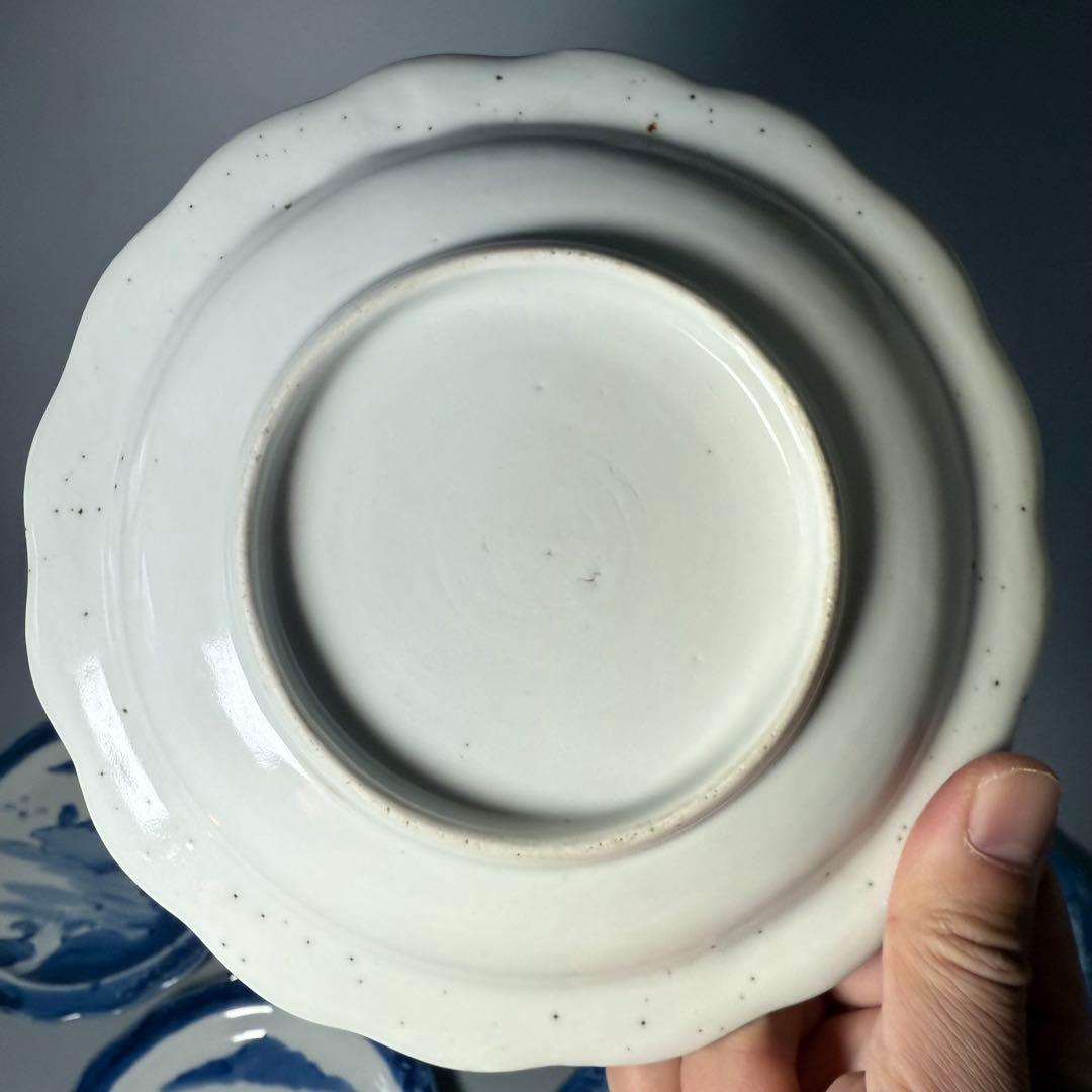 古伊万里　染付風景画輪花皿　十枚　墨弾き　ケーキ皿　デザート皿　古民家カフェ