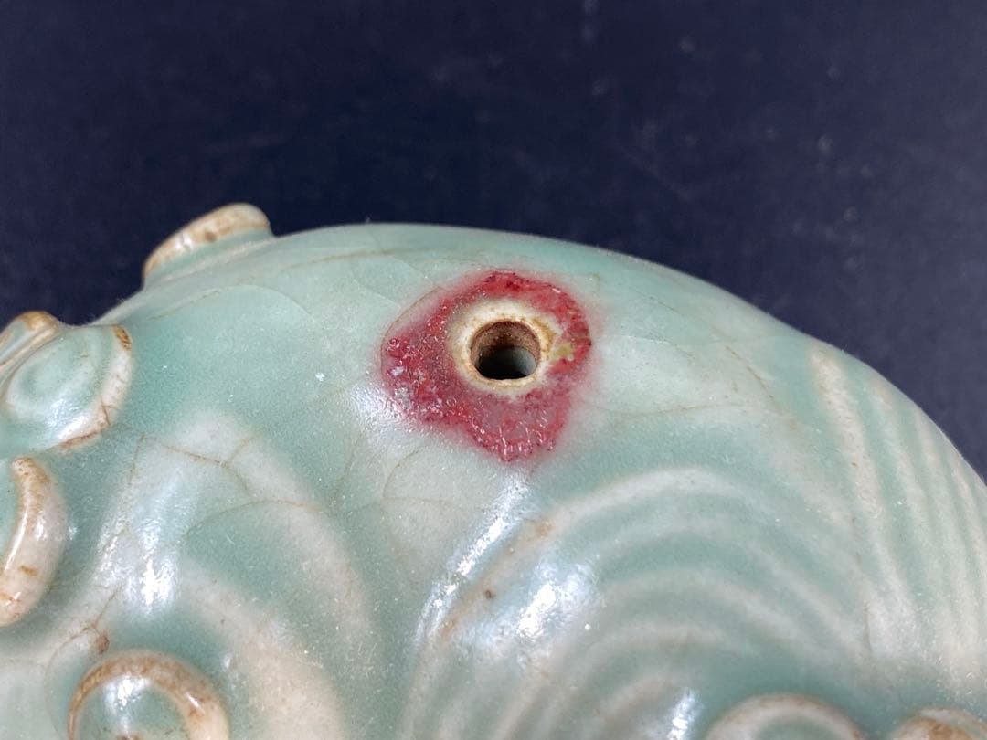 李朝 水滴 青磁 辰砂 海獣型 文道具 書道具 珍しい逸品 幅8.3cm