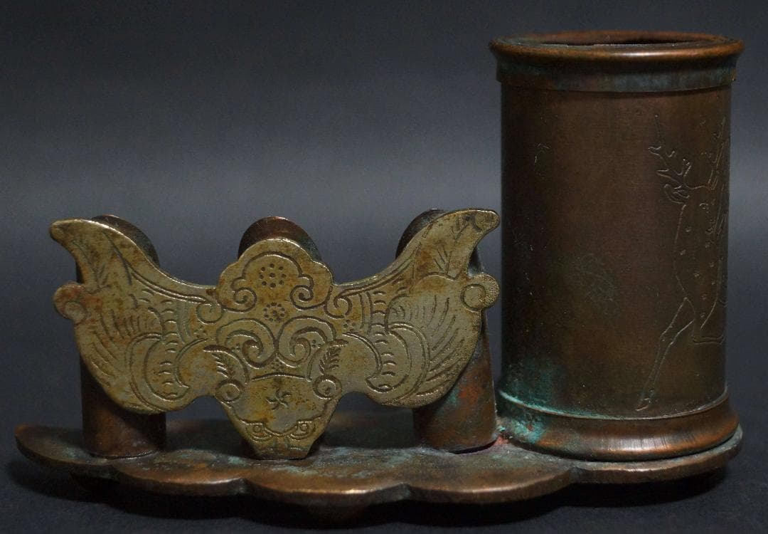 民国期 古月軒在銘 古銅 造形筆置 筆挿し金工細工刻『老子出関図』書斎飾オブジェ