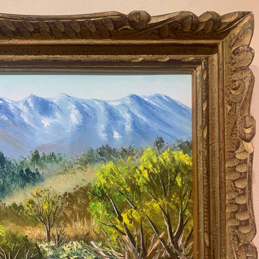 絵画　油彩肉筆画　『末川と木曾御岳　羽沢清水』アンティーク