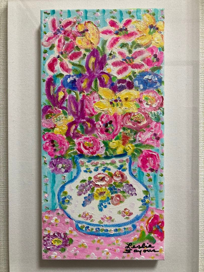 【真作保証】レスリー・セイヤー「花」油彩画 直筆サイン 真筆 原画 絵画