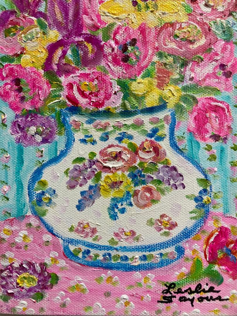 【真作保証】レスリー・セイヤー「花」油彩画 直筆サイン 真筆 原画 絵画