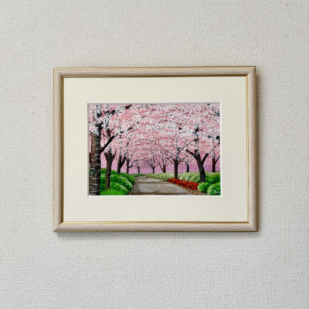 アクリル画　原画　「桜の小径02」額縁付　SMサイズ　風景画