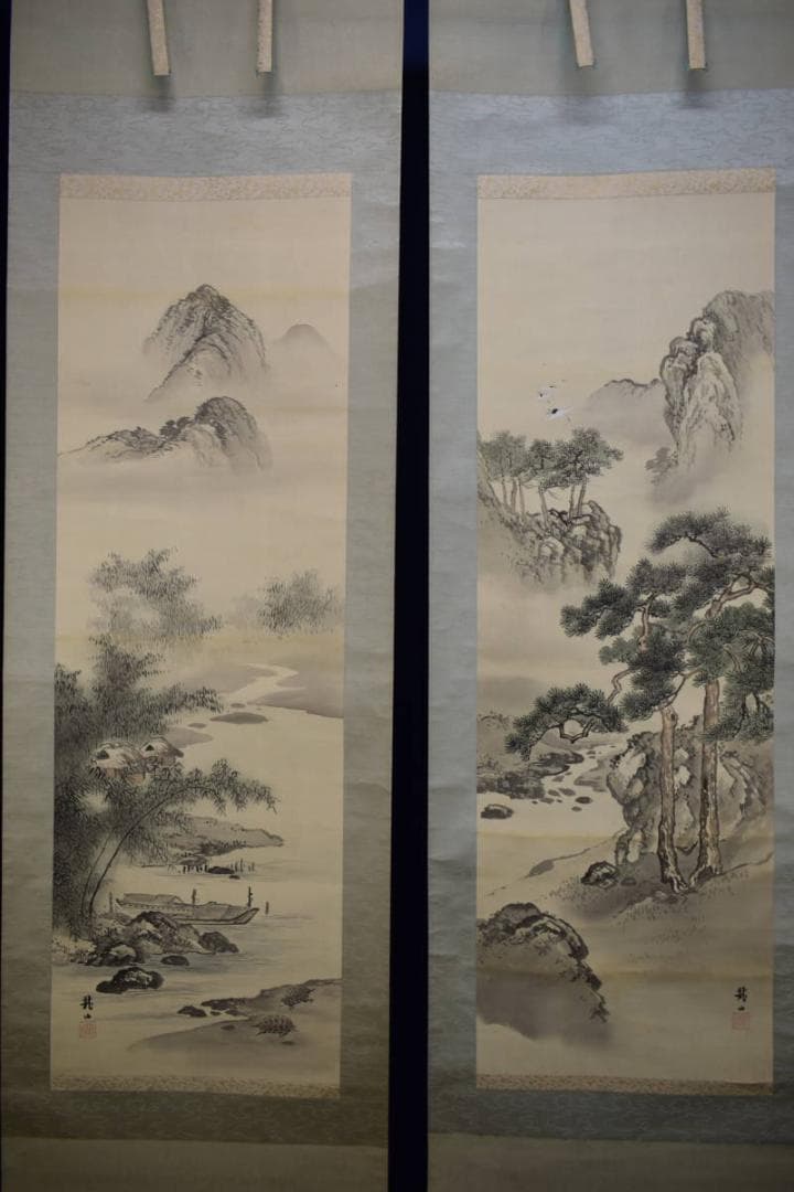 真作/石野龍山/山水屋形舟図/絹表装/双幅/布袋屋掛軸HH-877