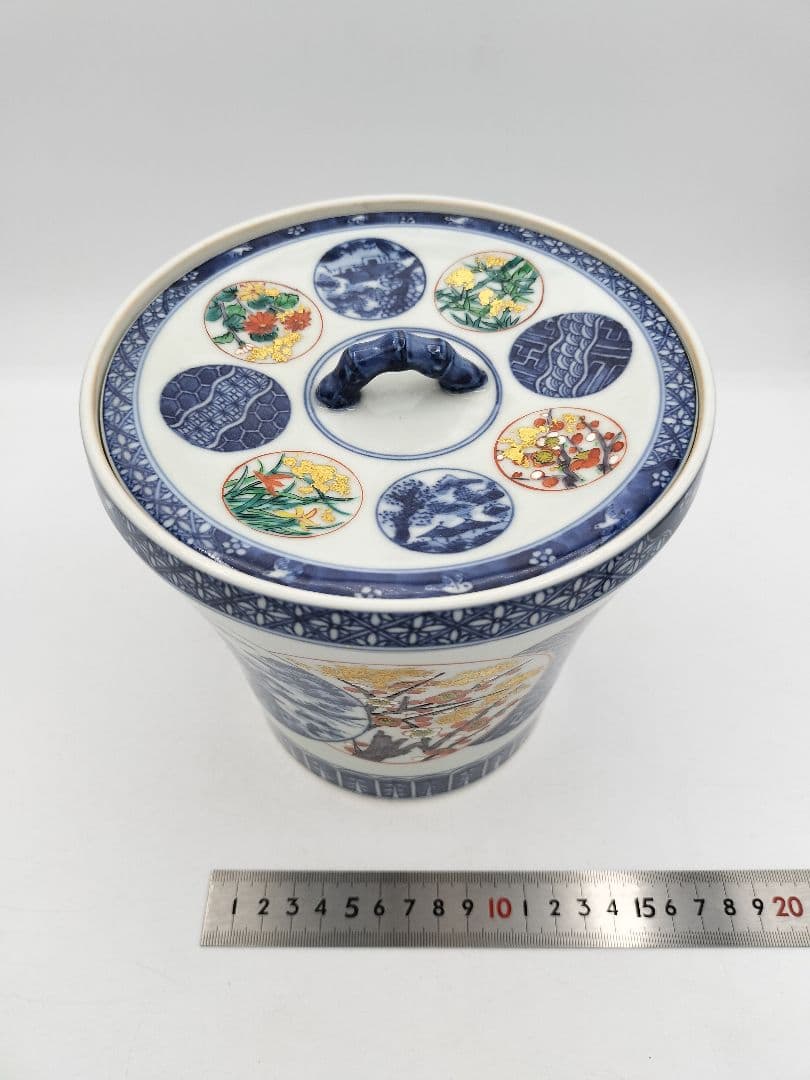 b618 水指 染付 色絵 丸紋ツナギ 四君子紋 西村徳泉 木箱 茶道具 古物