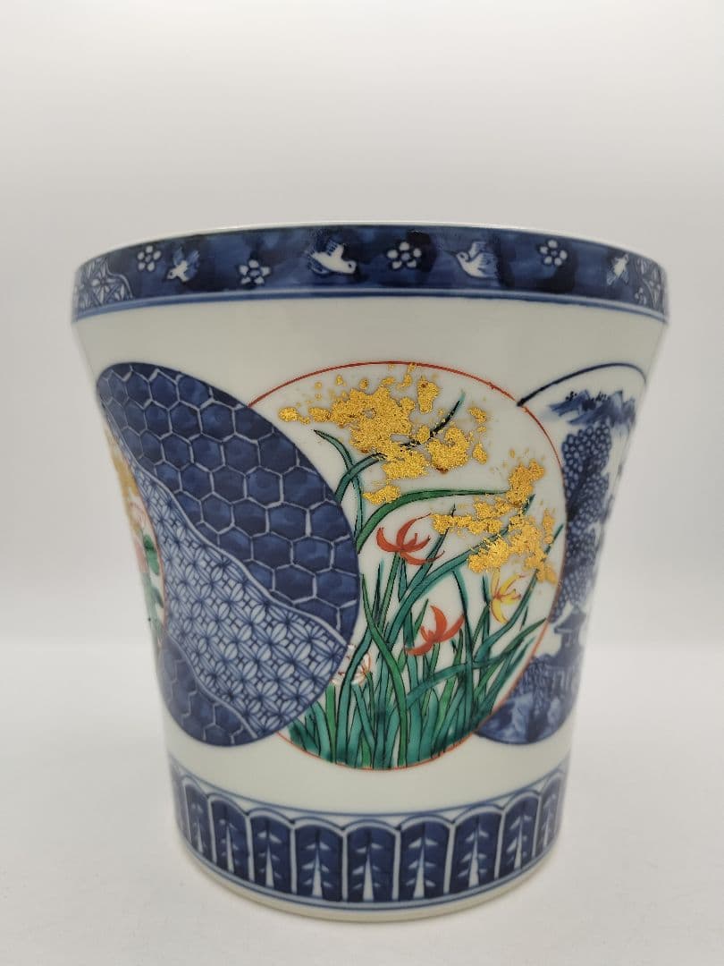 b618 水指 染付 色絵 丸紋ツナギ 四君子紋 西村徳泉 木箱 茶道具 古物