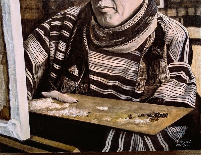 伊藤和生　藤田嗣治作「アトリエの自画像Ⅰ」白黒写真から油彩画にて模写 Ｆ20号