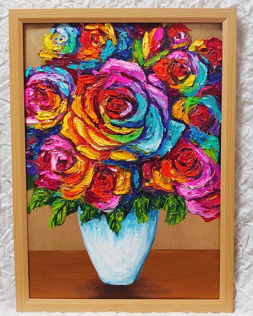 油絵 絵画 レインボーローズ【Ａ3】