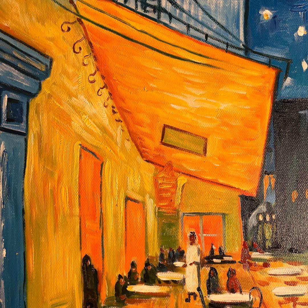 ★秀作★手書き油絵 ゴッホ 夜のカフェテラス 額付 肉筆絵画 インテリア 油彩画
