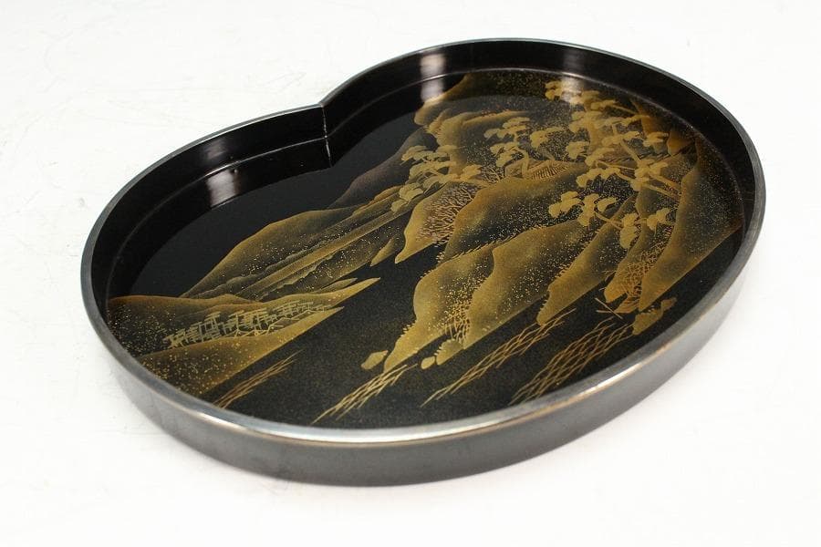 古美術 山水平蒔絵 銀縁 小盆(K-BB506)