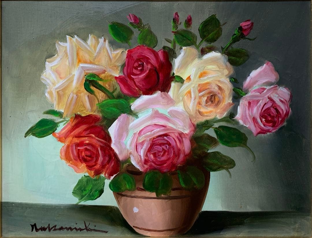 絵画　額装　油彩肉筆画　真作　中西利雄『バラ』F6サイズ　アンティーク額装