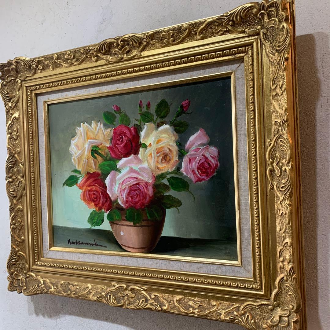 絵画　額装　油彩肉筆画　真作　中西利雄『バラ』F6サイズ　アンティーク額装