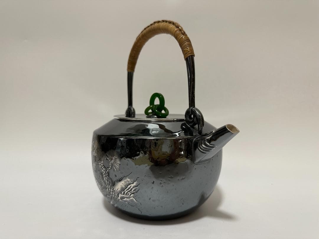 純銀製 浮彫漢詩 獣口湯沸 銀瓶 煎茶道具