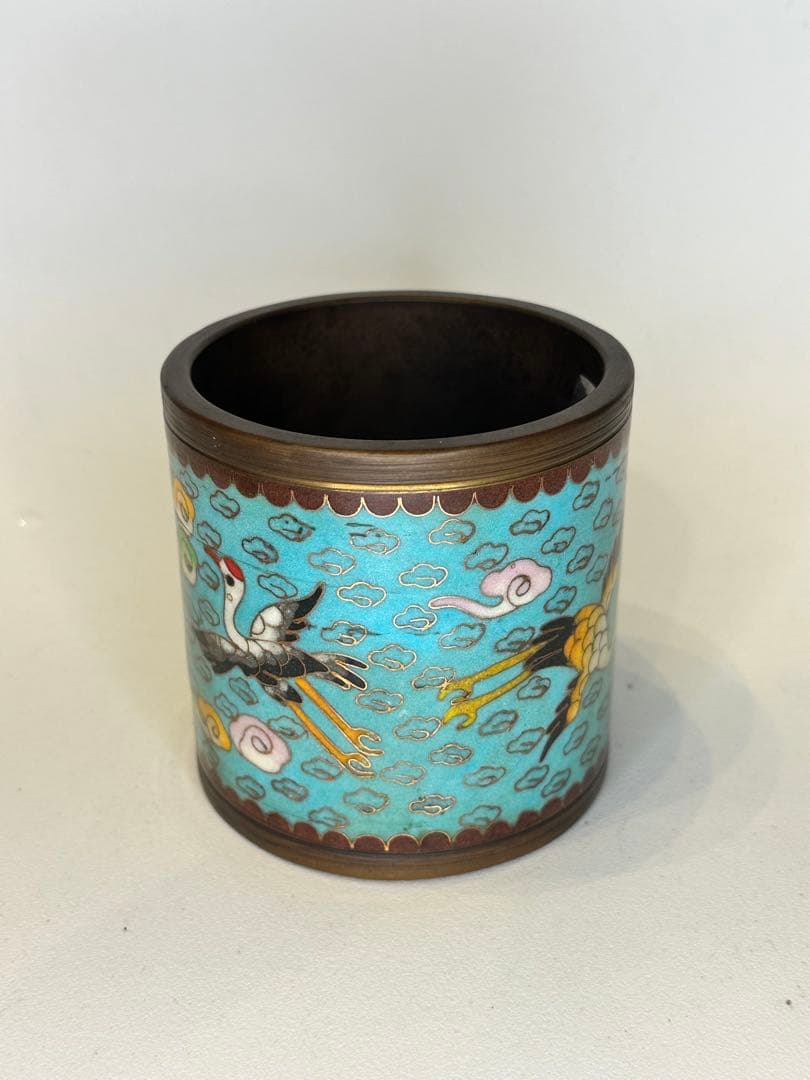 中国 清代 乾隆年制 底款 七宝焼き（景泰蓝）銅製香炉 骨董品 仙鶴と雲文装飾