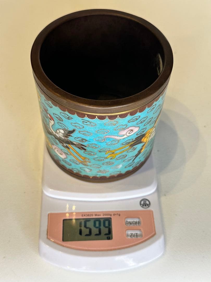 中国 清代 乾隆年制 底款 七宝焼き（景泰蓝）銅製香炉 骨董品 仙鶴と雲文装飾