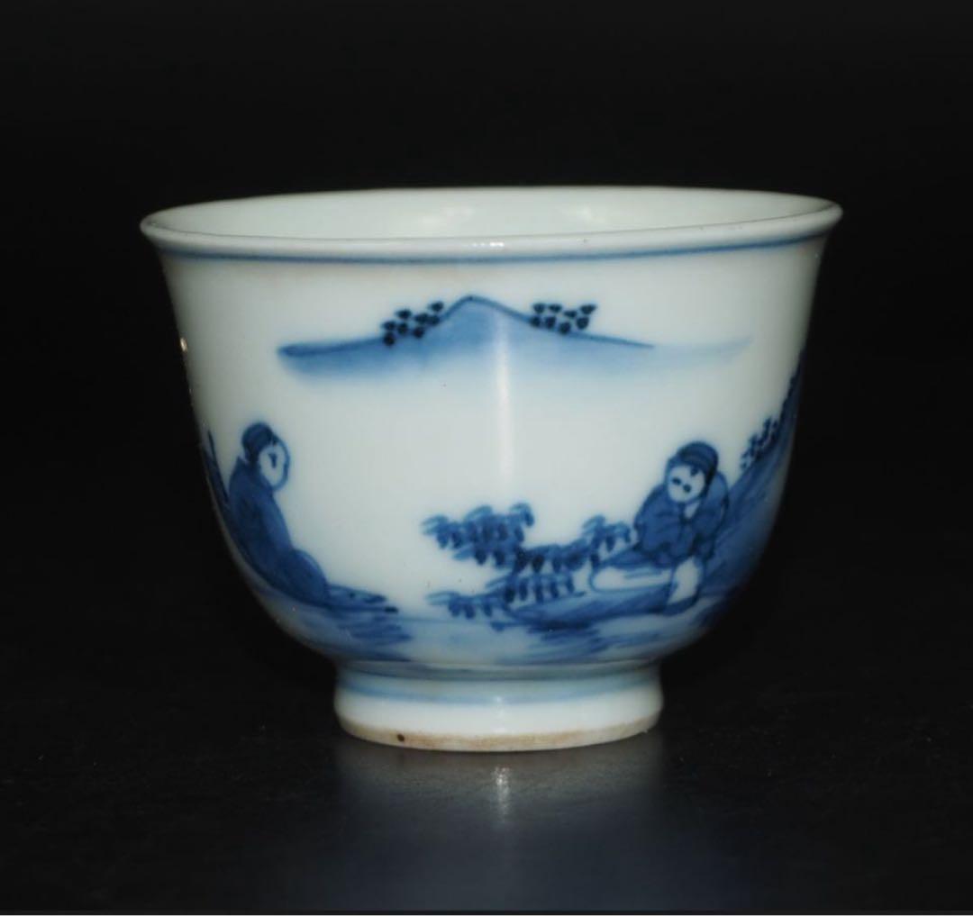 送料無料　二代 三浦 竹泉 造 青華山水漢詩図煎茶碗５客　煎茶道具