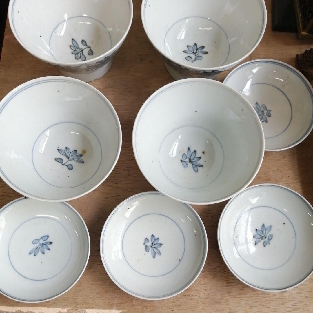 骨董　古伊万里　蓋茶碗　染め付け　茶碗　アンティーク　6客