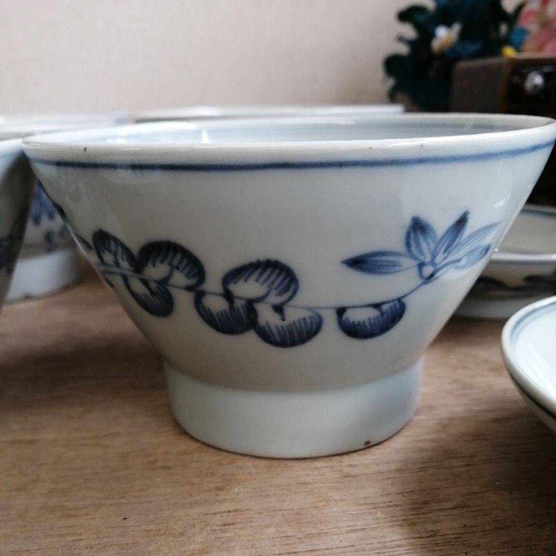 骨董　古伊万里　蓋茶碗　染め付け　茶碗　アンティーク　6客