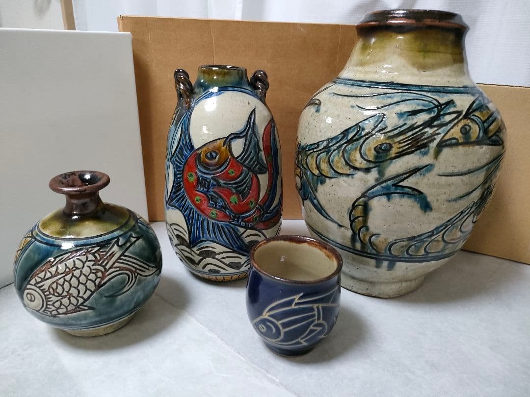 やちむん　金城次郎、裕三　宮城智　新垣勲　魚紋　まとめてセット　縁起物