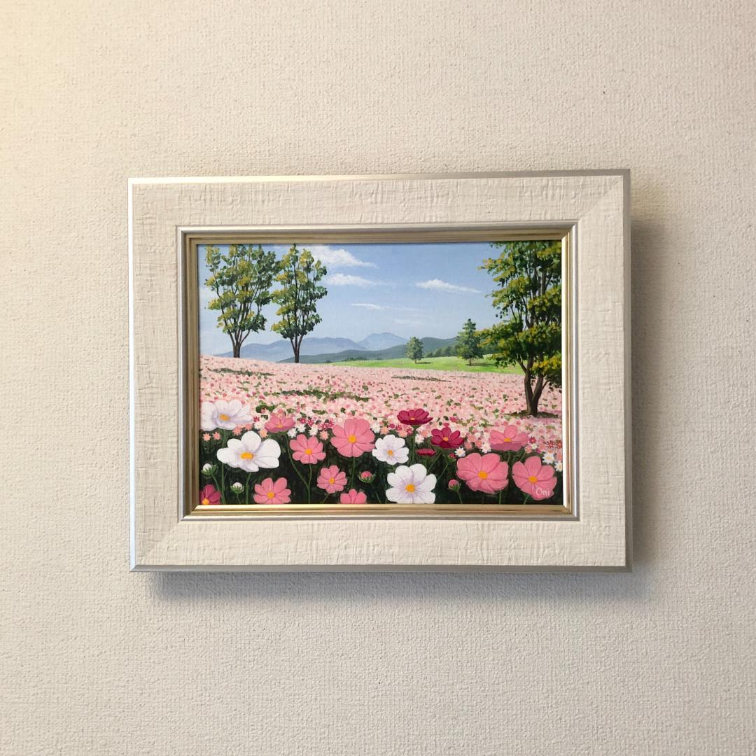 アクリル画　原画　「コスモスのフィールド05」額縁付　F4サイズ　キャンバス