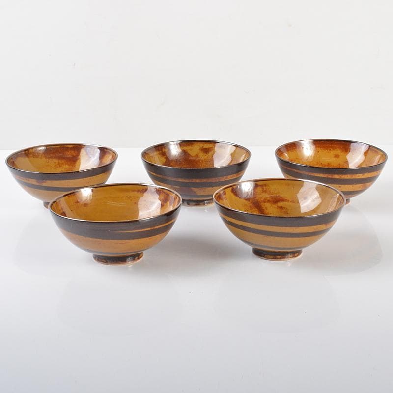 和食器　飴釉　寿字螺旋文　茶碗　五客　時代箱付　V　R6414