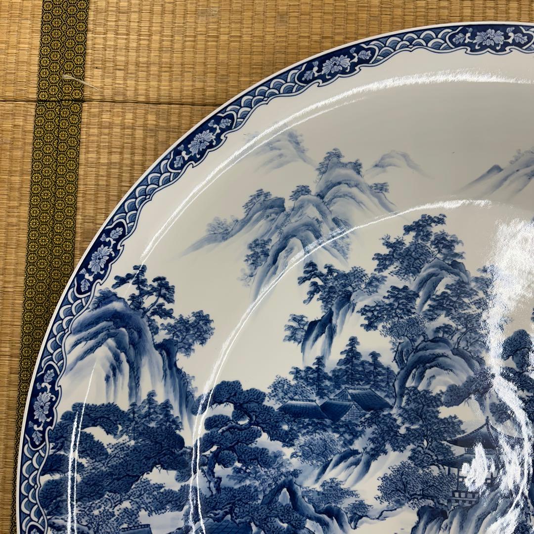 引き取り限定　神右衛門　染付山水絵　大皿　直径約93.5㎝東な7-1220☆2F