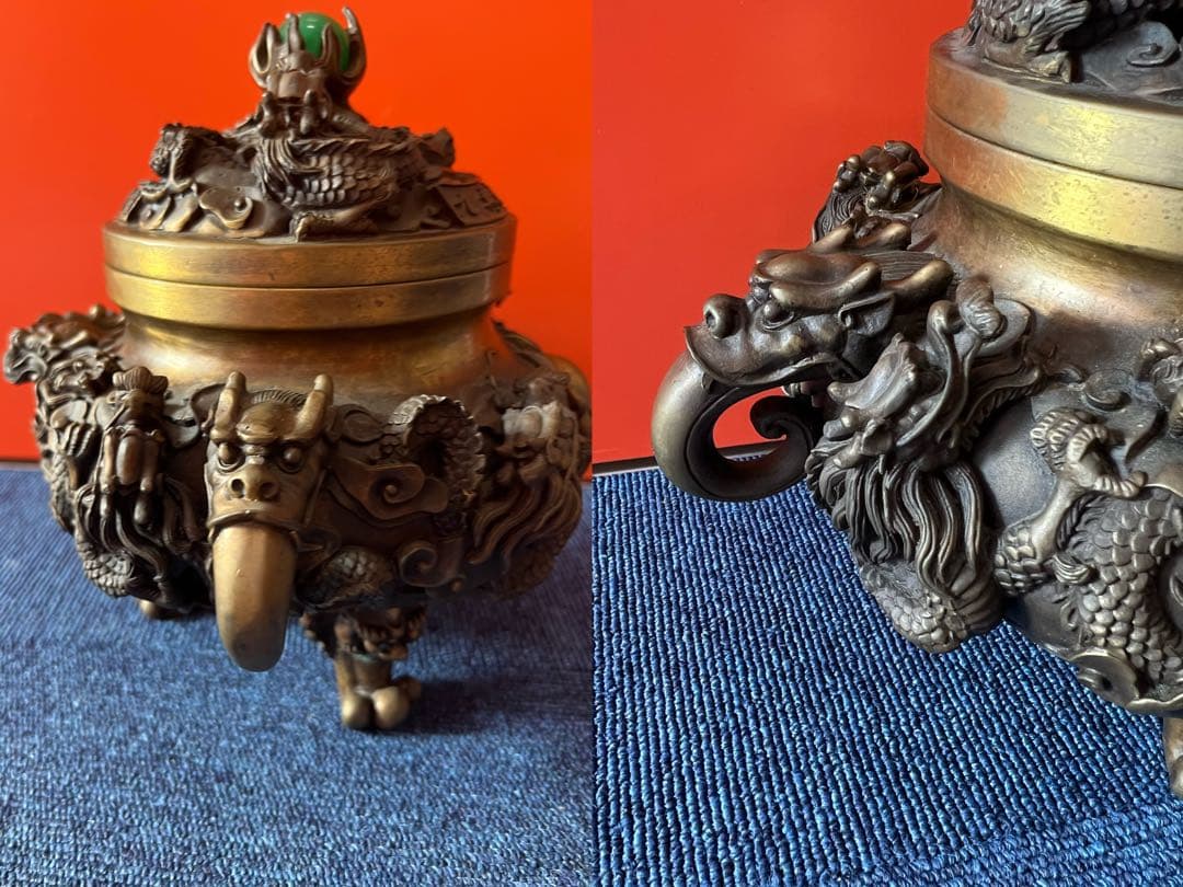 1488  中国骨董　大明宣徳年製銘　九轉乾坤爐　龍文香炉　翡翠　時代物　工芸品