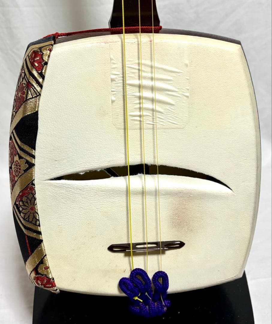 【皮破れ有】三味線セット 中棹 綾杉彫り 東さわり 三つ折れ