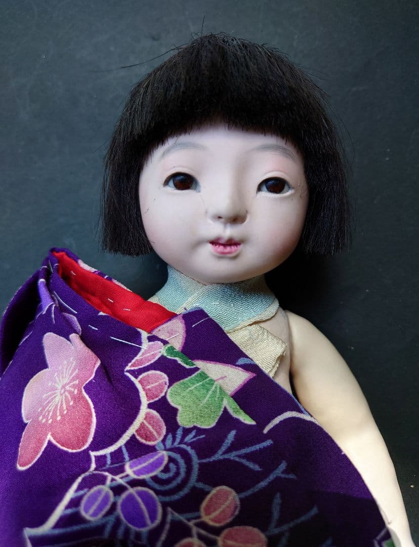 樫村瑞観　自由人形　市松人形　32cmくらい　着物+被布+お帽子