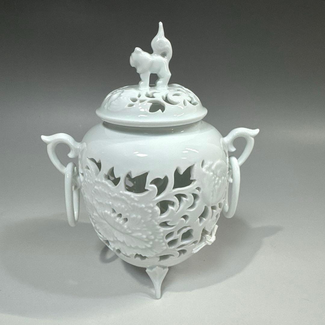 有田焼　杉原一壺　白磁　唐草透かし　耳付　香炉