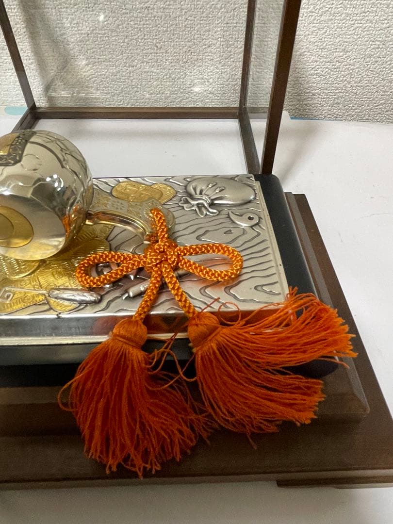 銀製 　置物　長幸斎作　小判古槌　縁起物　商売繁盛　ガラスケース入り