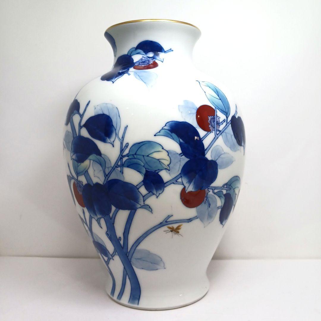 Y3122-8 深川製 染付色絵 柿図 花瓶 高さ28㎝　　ten