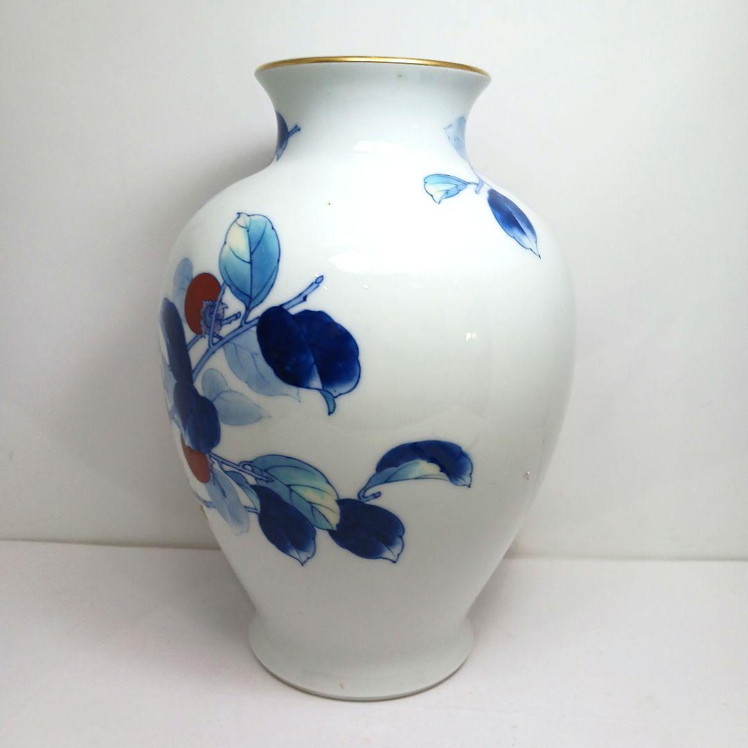 Y3122-8 深川製 染付色絵 柿図 花瓶 高さ28㎝　　ten