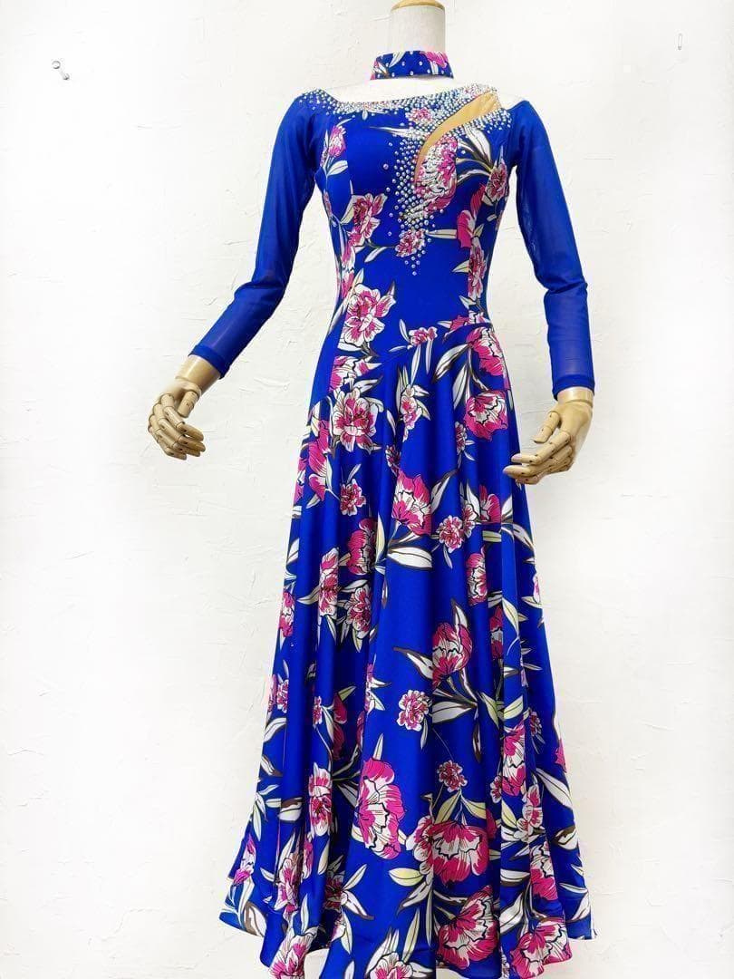 【Lサイズ】ロイヤルブルー　ラインストーン　ピンク花柄ワンピース　ドレスg014