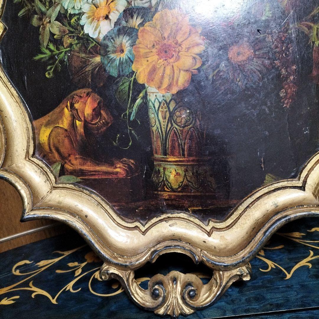 イタリア製　木製花の絵画 トレー　お盆　装飾的フレーム付き