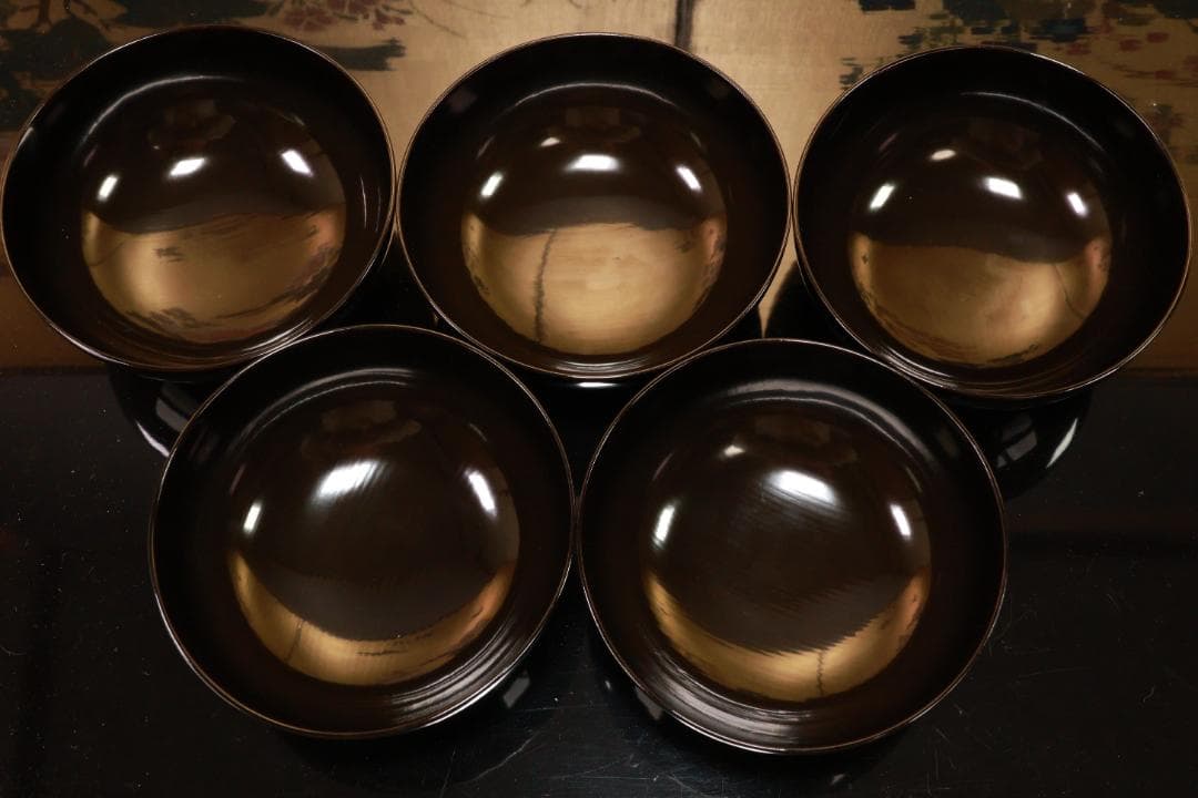 BJ110　時代輪島塗　流水紅葉桜図蒔絵　吸物椀　五客　木製　茶道具 懐石 会席