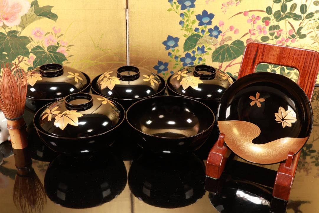 BJ110　時代輪島塗　流水紅葉桜図蒔絵　吸物椀　五客　木製　茶道具 懐石 会席