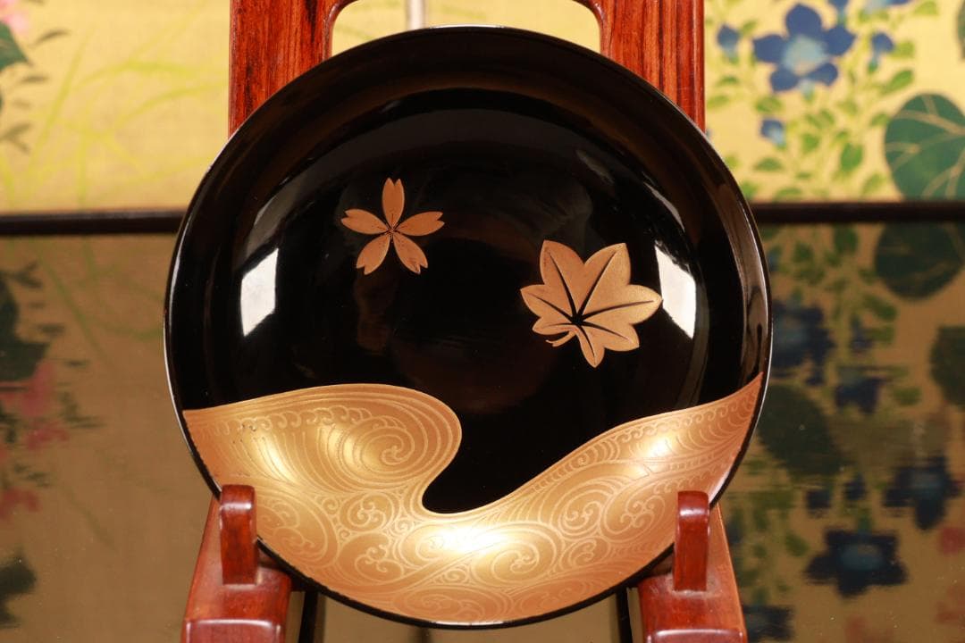 BJ110　時代輪島塗　流水紅葉桜図蒔絵　吸物椀　五客　木製　茶道具 懐石 会席