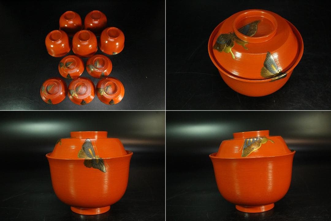 京都 象彦 造 群蝶蒔絵 朱刷毛目 小吸物椀 五客 共箱 美品(K-XA804)