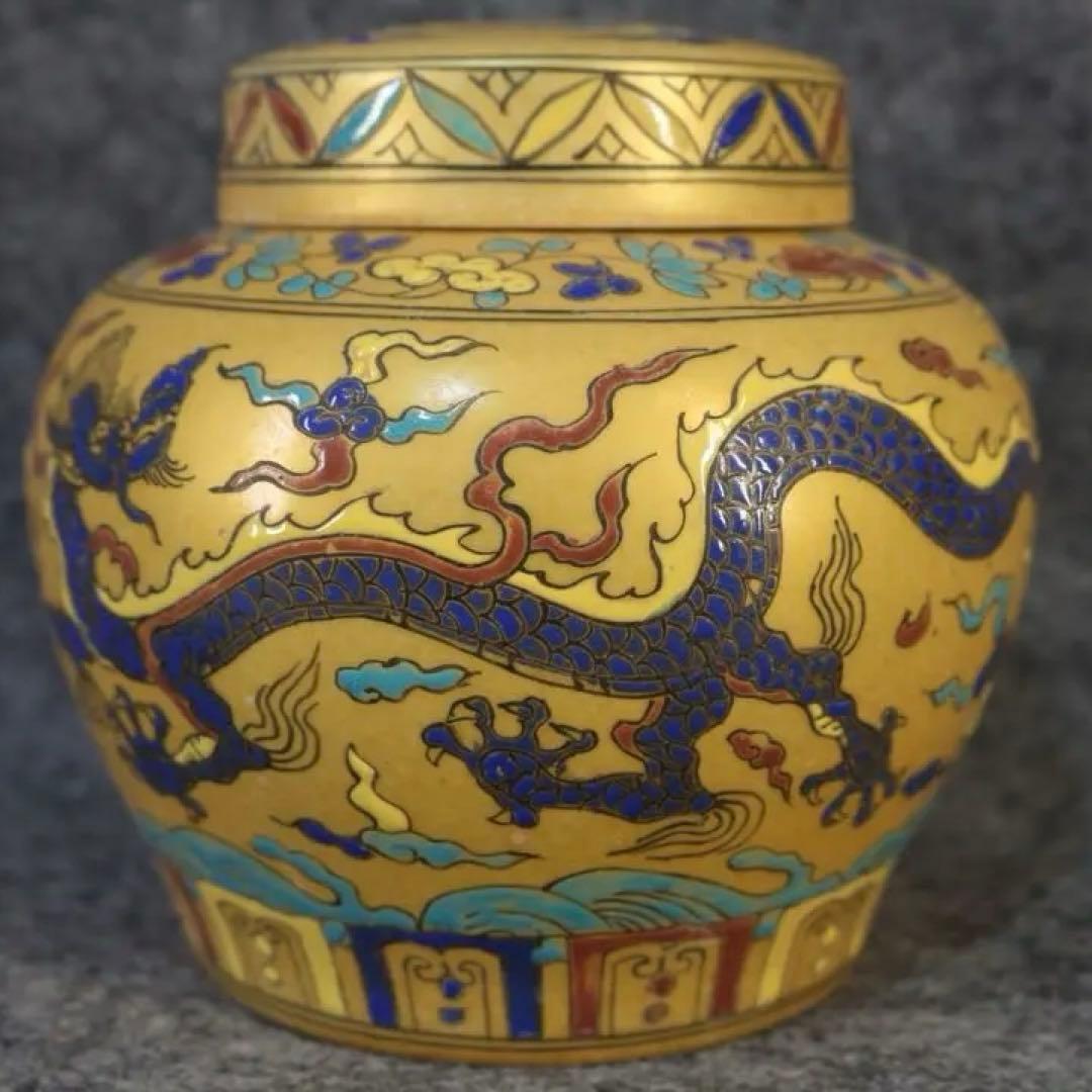 古美術　大明成化時代　文房具　置物　描金海水龍紋　茶葉罐　天字罐　縁起物