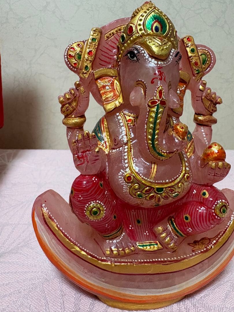 インド購入ローズクォーツガネーシャ像 約15cm天然石、専用箱付き