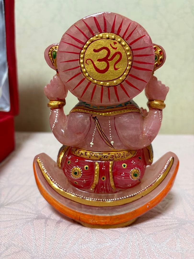 インド購入ローズクォーツガネーシャ像 約15cm天然石、専用箱付き