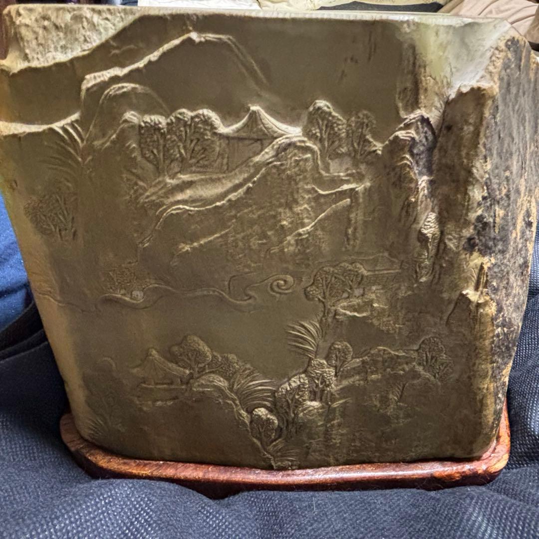 中国古美術品　山水風景彫硯　特大　緑端溪硯　15.6kg