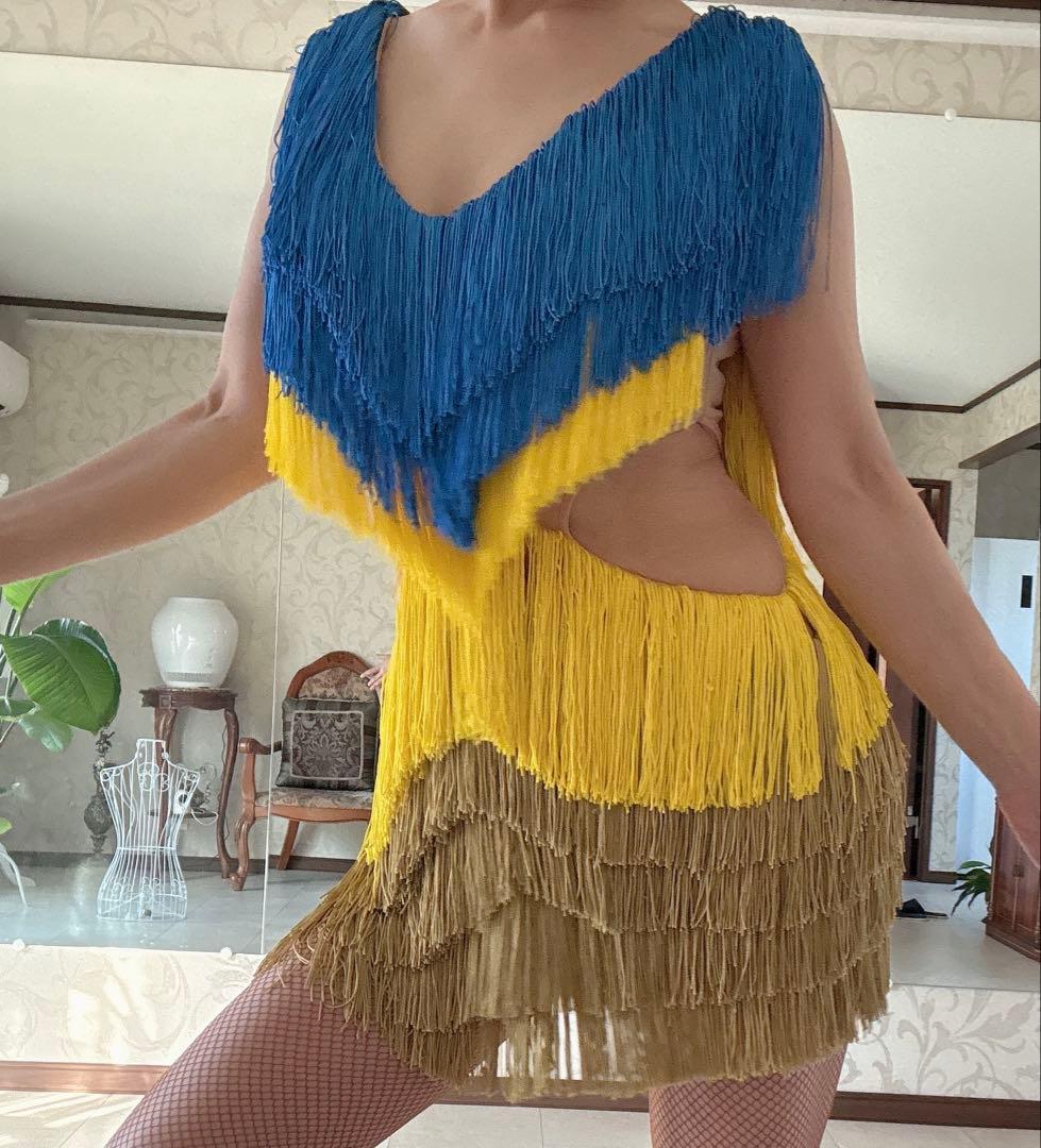 社交ダンス　フリンジ　ラテンドレス　ブルー✖️イエロー✖️ゴールド Ｍ