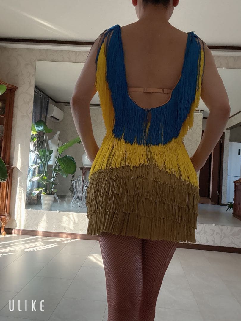 社交ダンス　フリンジ　ラテンドレス　ブルー✖️イエロー✖️ゴールド Ｍ