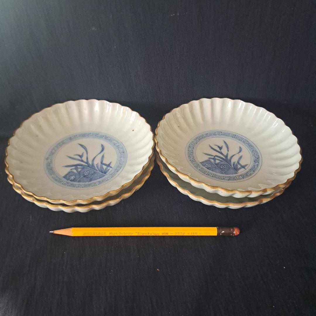 「モダンと素朴さ しのぎ造り！」古伊万里皿(直径13cm) 4客セット 骨董アン