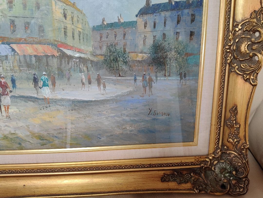Y.Simon 風景画 油彩画 油絵 パリ街並み　絵画　額装　サイン　箱あり