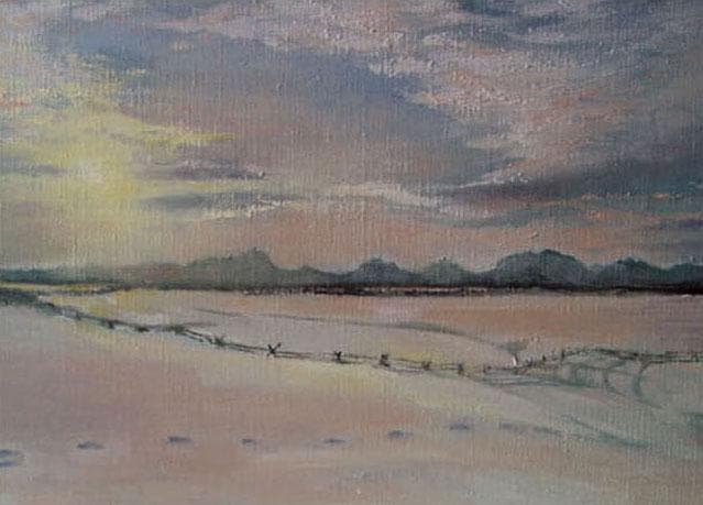 油絵 菅家令子 絵 絵画 インテリア F6-03070 風景 雪景色 朝陽 夕陽