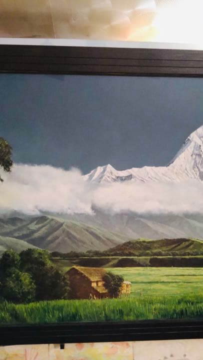貴重、ヒマラヤの油絵、ヒマラヤ山脈、大型油絵、マチャプチャレ、ホテルのロビーに